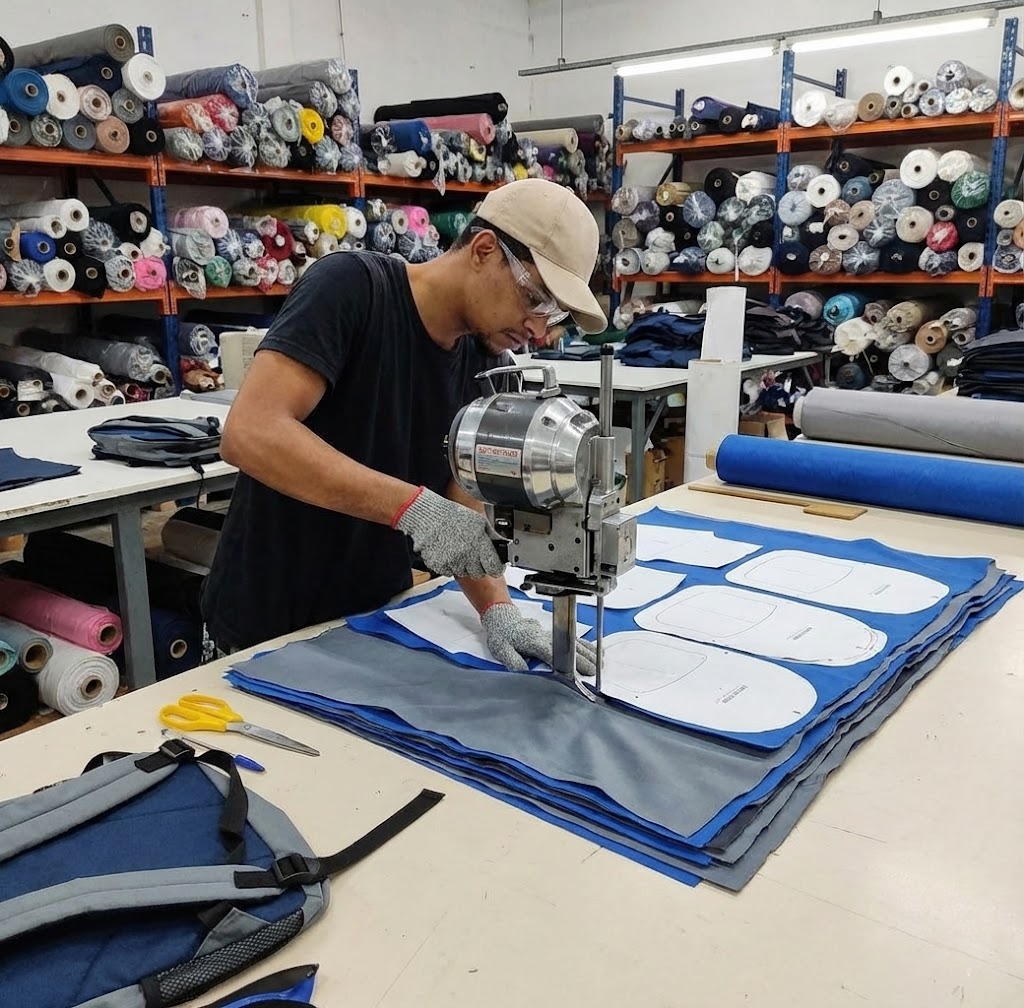 Artesão costurando detalhe de mochila